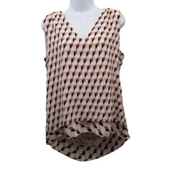 White House Black Market S Silk Shirt Top Lined Hi Low Shell Geometric V Neck - Picture 1 of 6